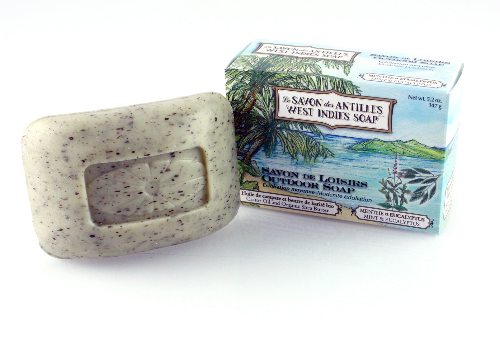 Savon des Antilles - Menthe et Eucalyptus - Exfoliation moyenne - Camping et loisirs - 147g